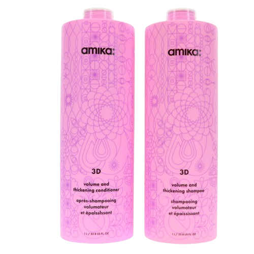 pink shampoo and conditioner bottles with black branding and a purple abstract design.