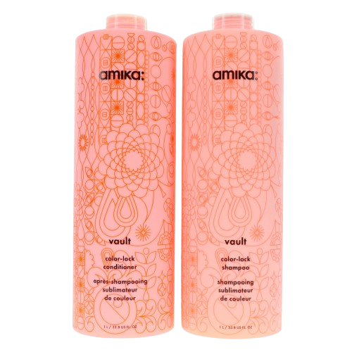 Pink shampooand conditioner bottles with black branding and orange abstract design..